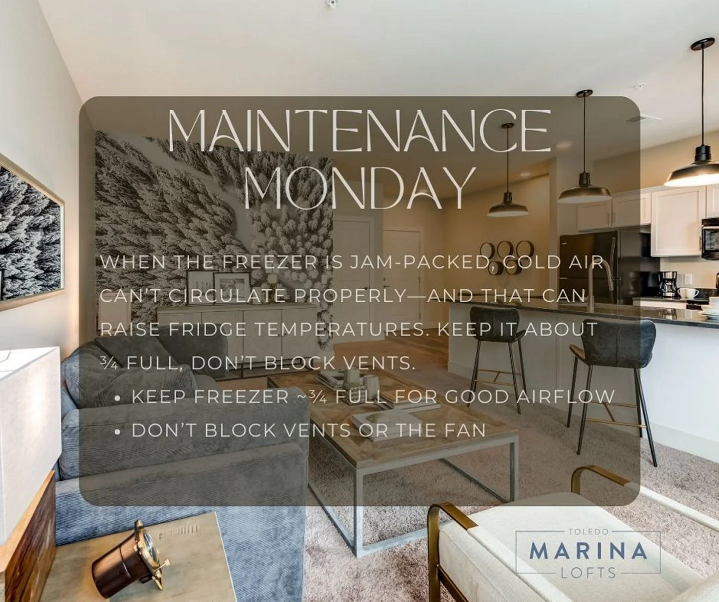 Maintenance Tip Monday starts here! Want quick, helpful tips to keep your home running smoothly and avoid common issues? Stop here every Monday for simple maintenance reminders, seasonal advice, and easy ways to care for your apartment.