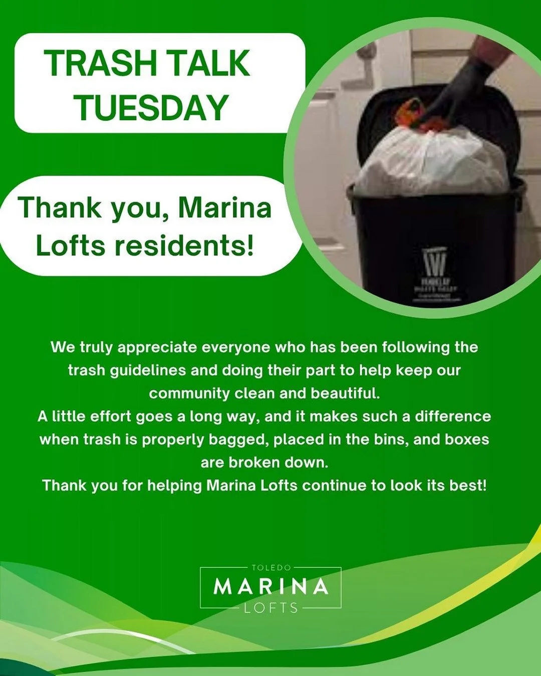 A huge shoutout to our incredible residents at Marina Lofts! Thank you for being so diligent about our trash guidelines. Your effort makes a real difference in keeping our community clean, welcoming, and beautiful for everyone to enjoy. We truly appr