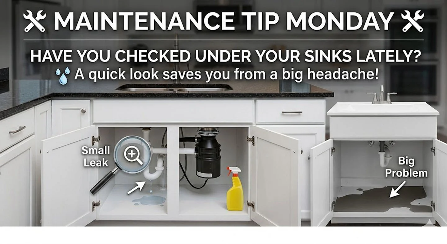 Maintenance Tip Monday: Have you checked under your sinks lately? It only takes a quick look to save you from a major headache! Hidden leaks under the kitchen or bathroom sink can quietly damage cabinets and flooring before you even notice them.What 
