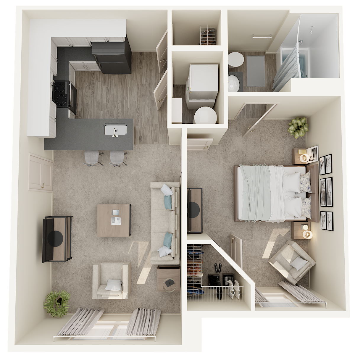 Top-down view of a one-bedroom apartment showing a kitchen, living room, bedroom, bathroom, and closet.