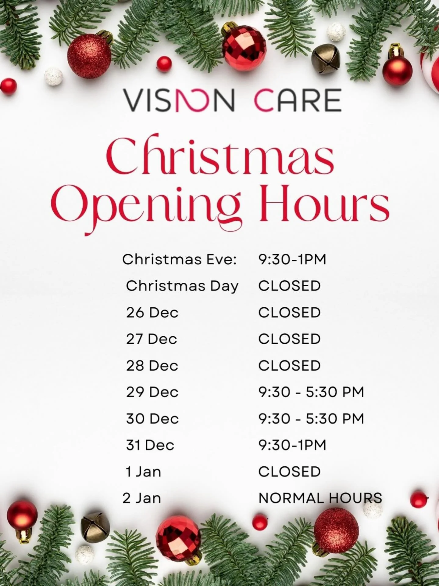 Just a little up date on our Opening Hours over the Christmas holiday 🎄
Wishing everyone a happy safe healthy Christmas from us all in Vision Care Opticians 💝