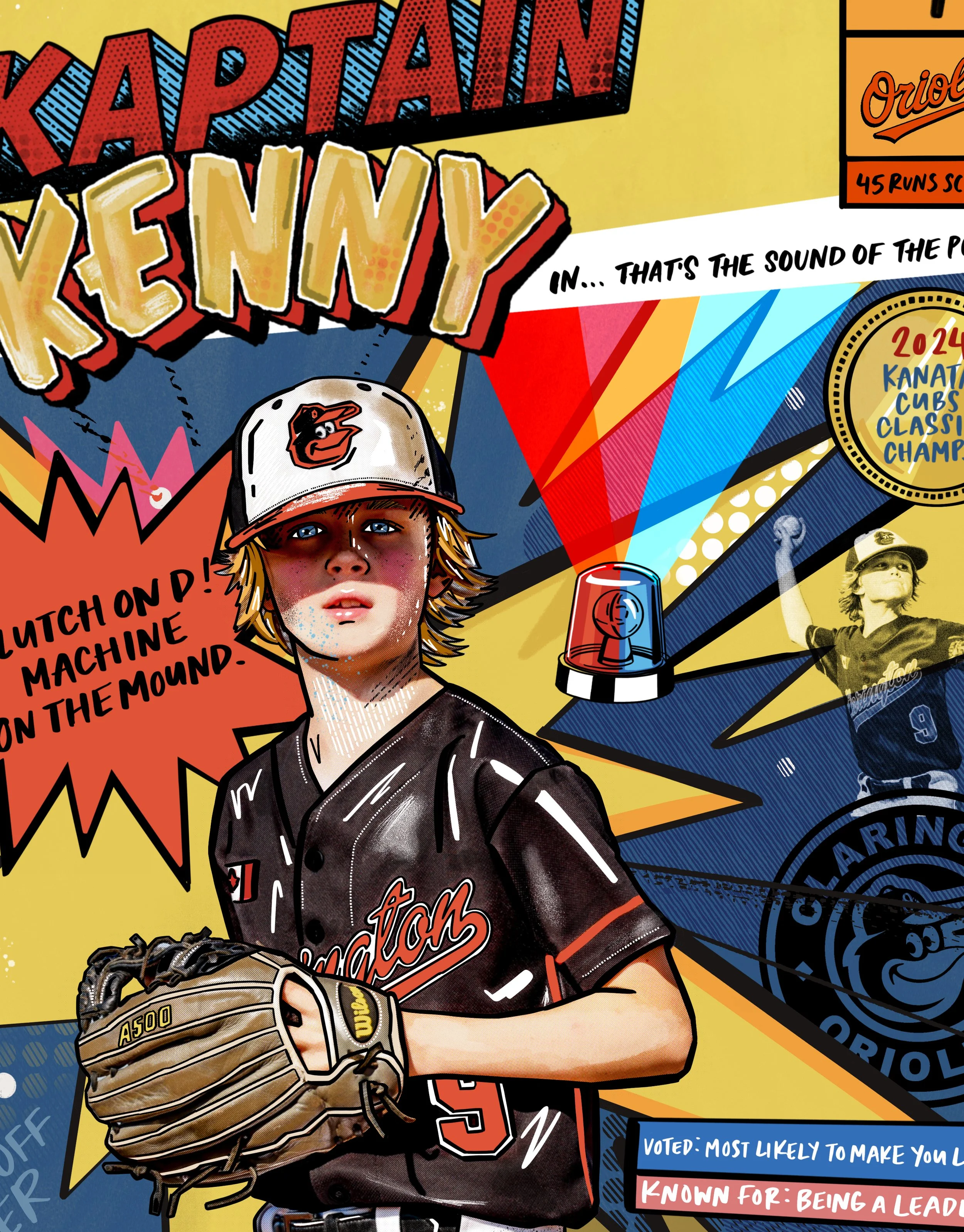 Colorful comic-style illustration of a young baseball player wearing a black and red Clarington Orioles uniform and cap, with text and graphics related to the Baltimore Orioles baseball team.