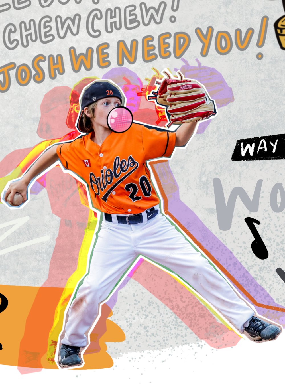 A young boy in an Orioles baseball uniform is poised to throw a baseball with one hand, while holding a burger in the other. The background features colorful, layered text and graphics.