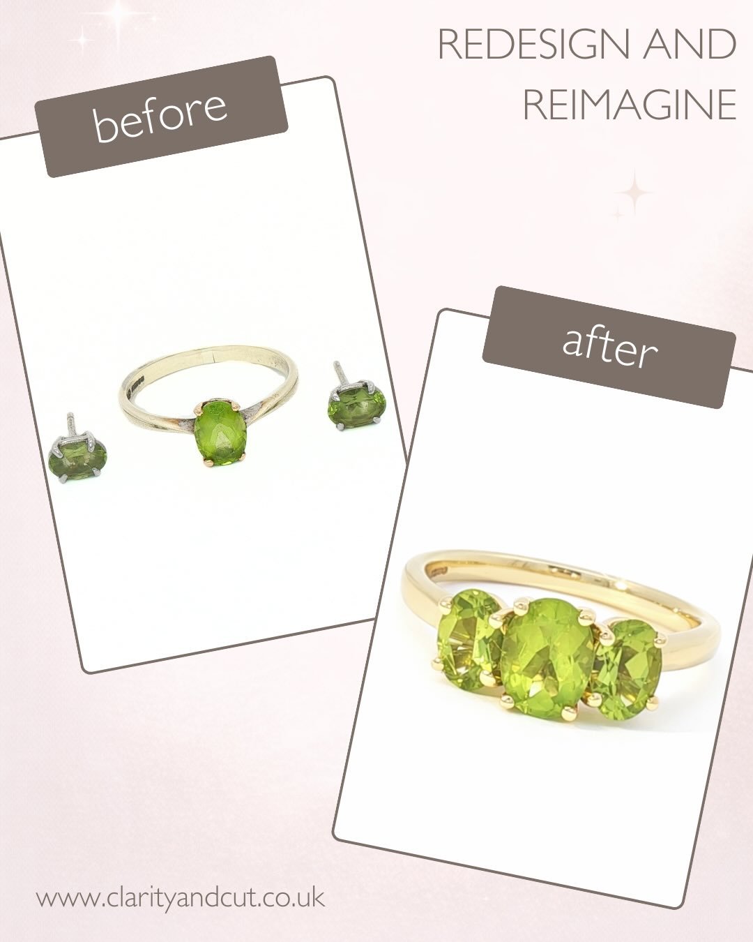 This beautiful 3-stone peridot ring is one of our most recent reimagined pieces 💚 

If you also have some jewellery that you would like to redesign into something new, get in touch now at www.clarityandcut.co.uk ✨