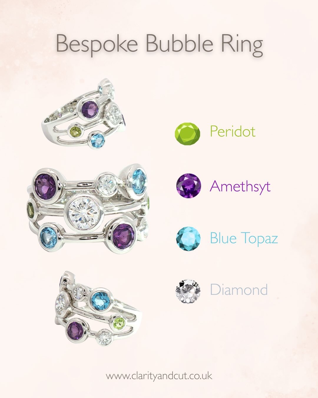 This bespoke bubble ring is truly a unique piece of jewellery. The customer came to us with an idea in mind and we trialled different stone combinations until we had the perfect ring 💍 

If this ring has inspired you to design one of your own, come 