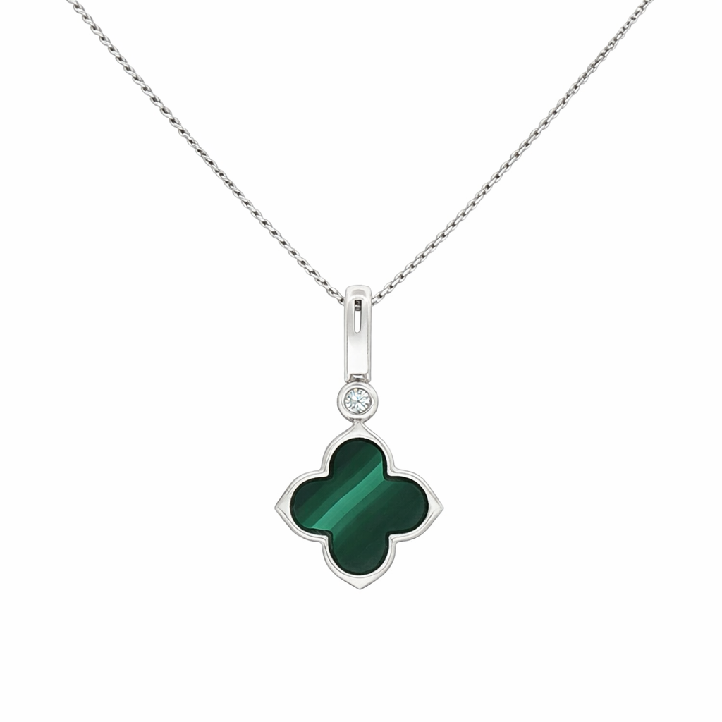 9ct White Gold Reversible Diamond and Malachite Clover Necklace