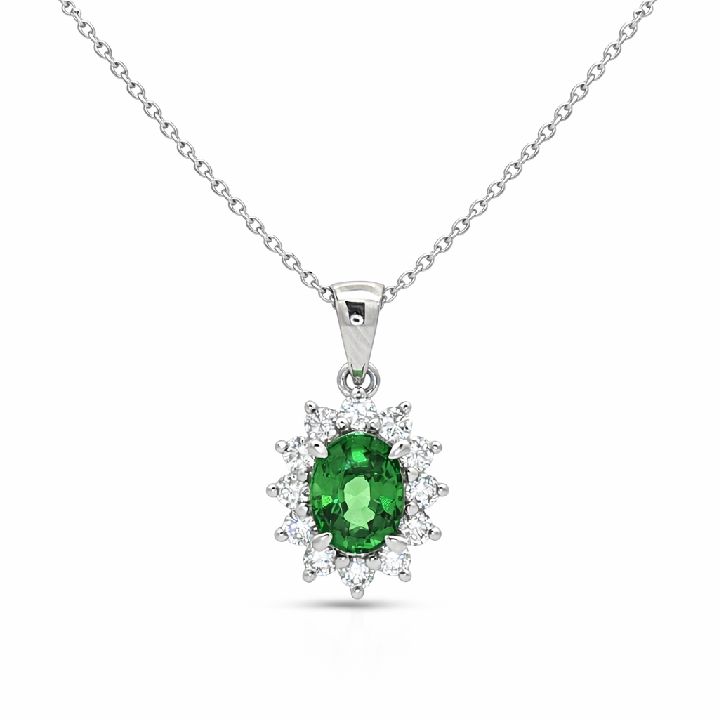 Platinum Oval Tsavorite and Diamond Halo Necklace