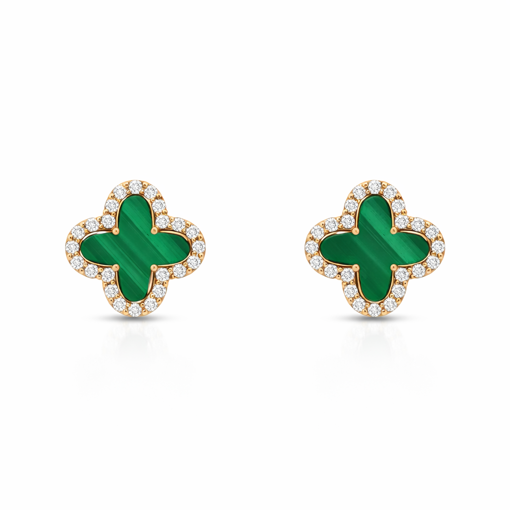9ct Yellow Gold Diamond and Malachite Clover Stud Earrings