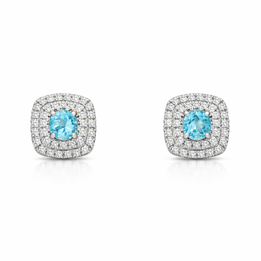 9ct White Gold Aquamarine and Diamond Cluster Stud Earrings