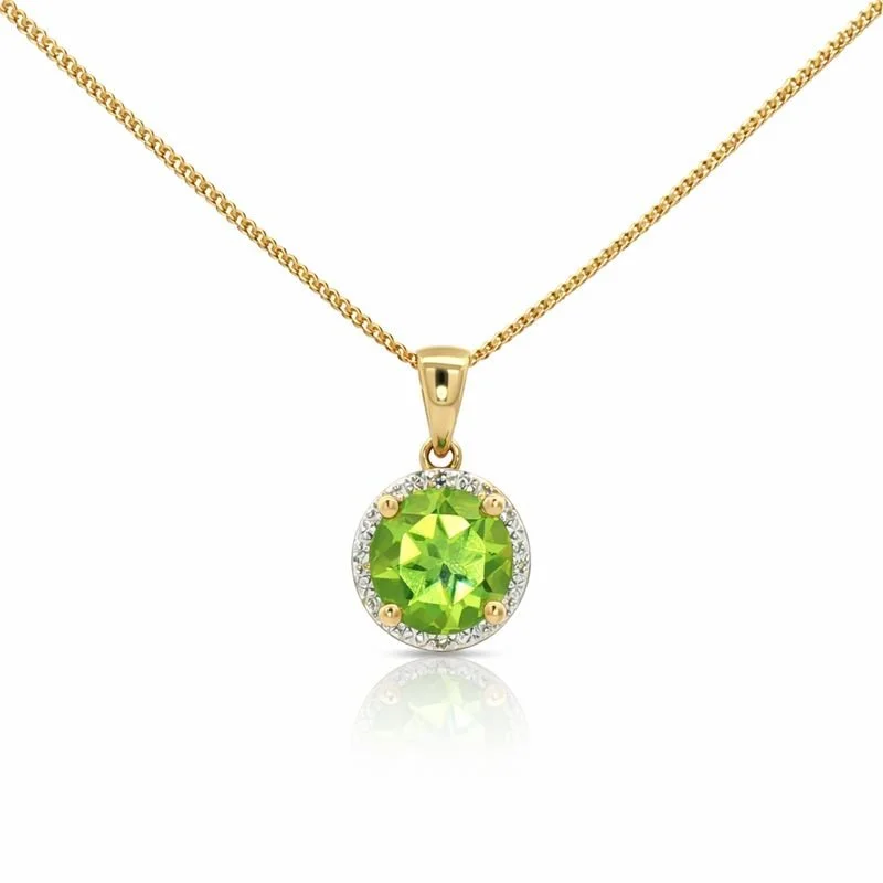 9ct Yellow Gold Peridot and Diamond Halo Necklace