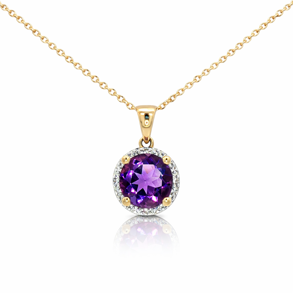 9ct Yellow Gold Amethyst and Diamond Halo Necklace