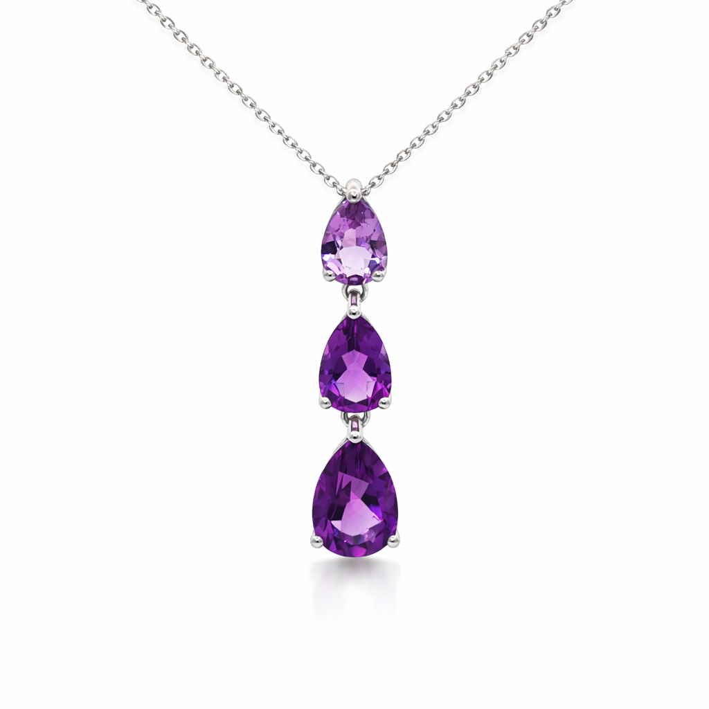 9ct White Gold Graduating Pear Cut Amethyst Necklace