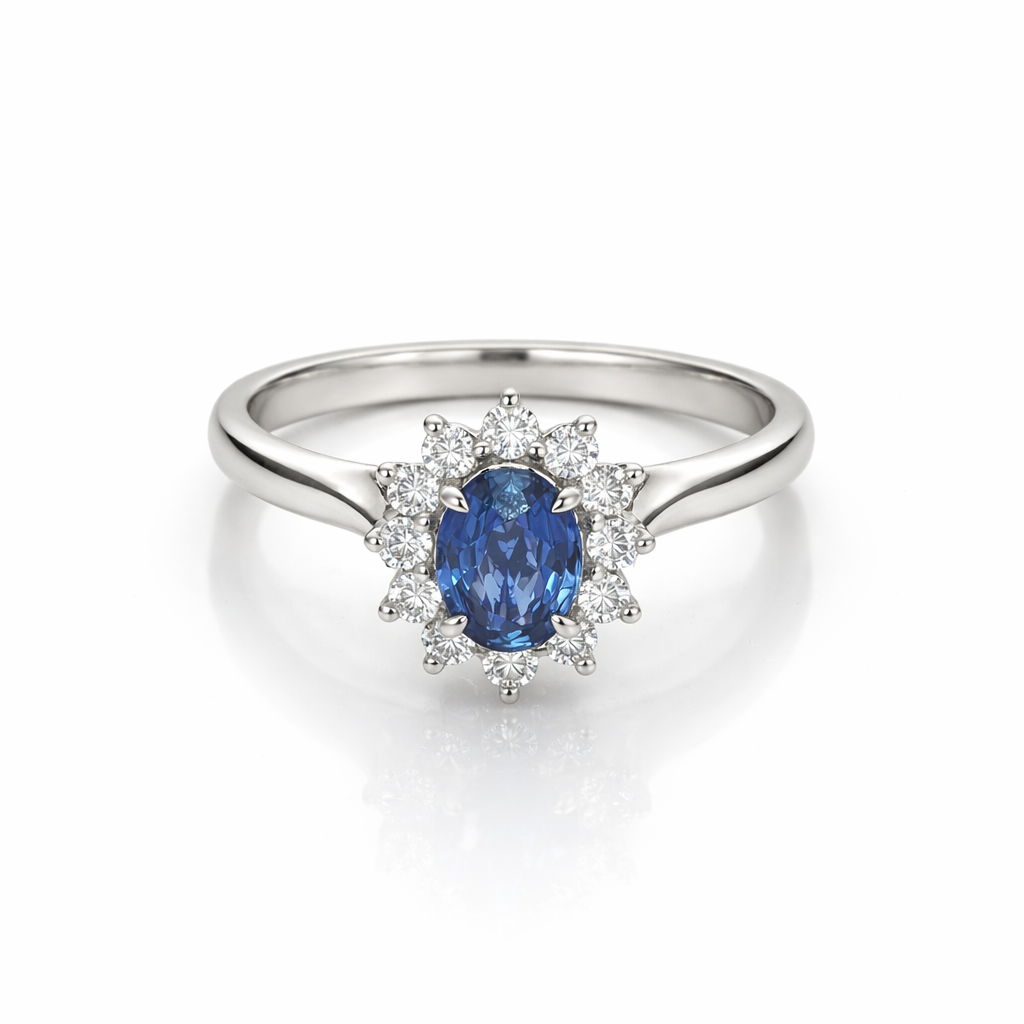 Platinum Oval Cut Sapphire and 12-Stone Diamond Ring
