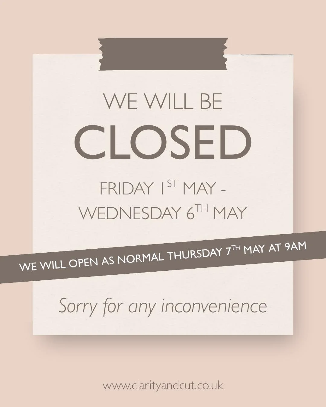 We will be closed Friday 1st May until Wednesday 6th May. 

We will reopen as normal on Thursday 7th May at 9am.

Apologies for any inconvenience 😊