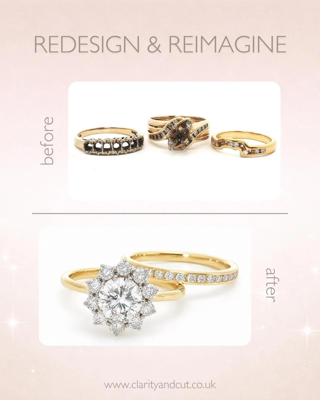 Got any unworn jewellery needing a new lease of life? Why not bring it in to us at Clarity &amp; Cut and we can transform it into something you will love 💖

This redesign &amp; reimagine used the diamonds from 3 of the customer&rsquo;s pre-owned rin