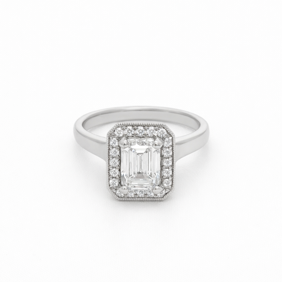 Platinum Emerald Cut Lab Grown Diamond Halo Ring