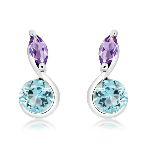 Sterling Silver Blue Topaz/Amethyst Drop Stud Earrings