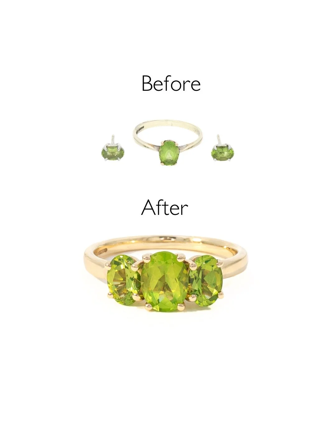 Comparison of jewelry pieces before and after upgrade, featuring a green gemstone ring and matching earrings in the 'before' section and a larger green gemstone ring with multiple stones set in a gold band in the 'after' section.