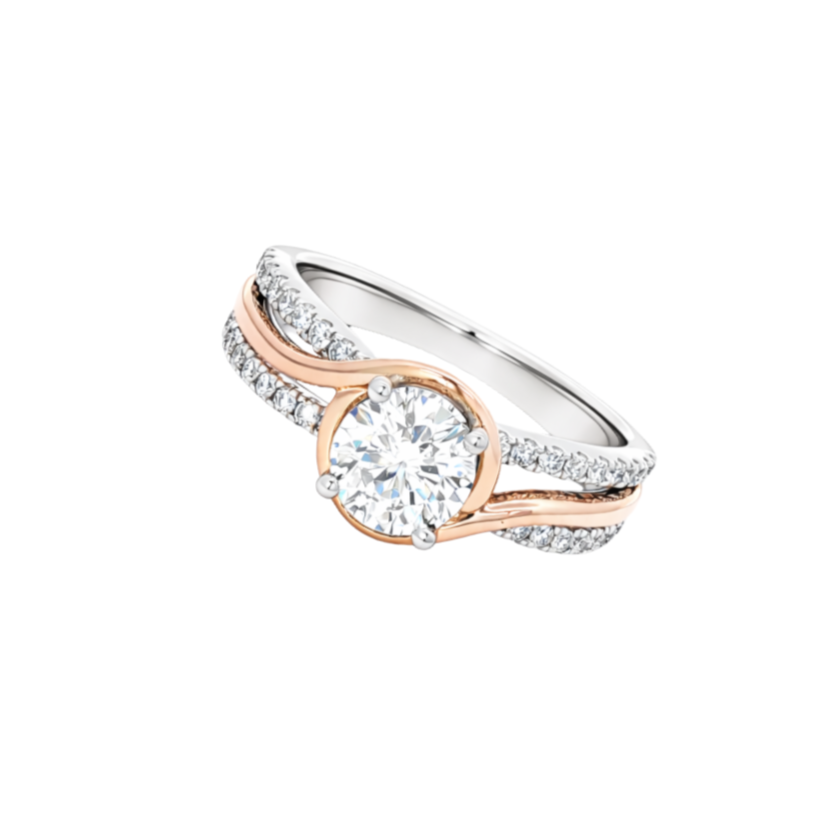 A two-tone ring featuring a large central diamond surrounded by smaller diamonds on an elegant band.