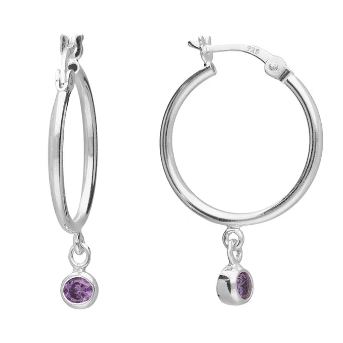 Sterling Silver February Birthstone Charm Hoop Earrings