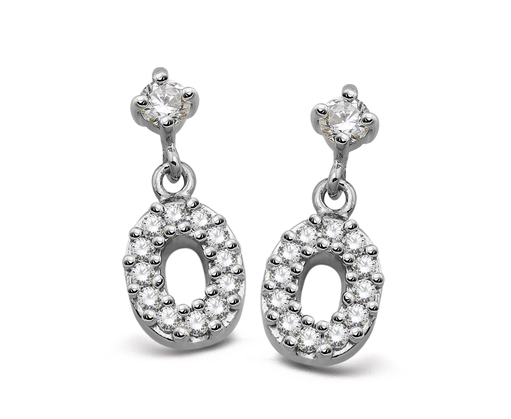 Sterling Silver CZ Open Oval Drop Stud Earrings
