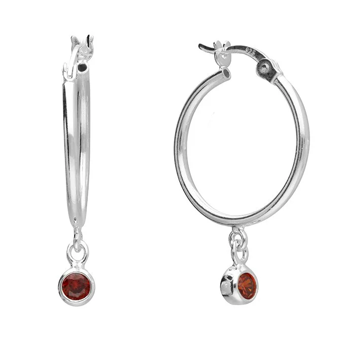 Sterling Silver January Birthstone Charm Hoop Earrings