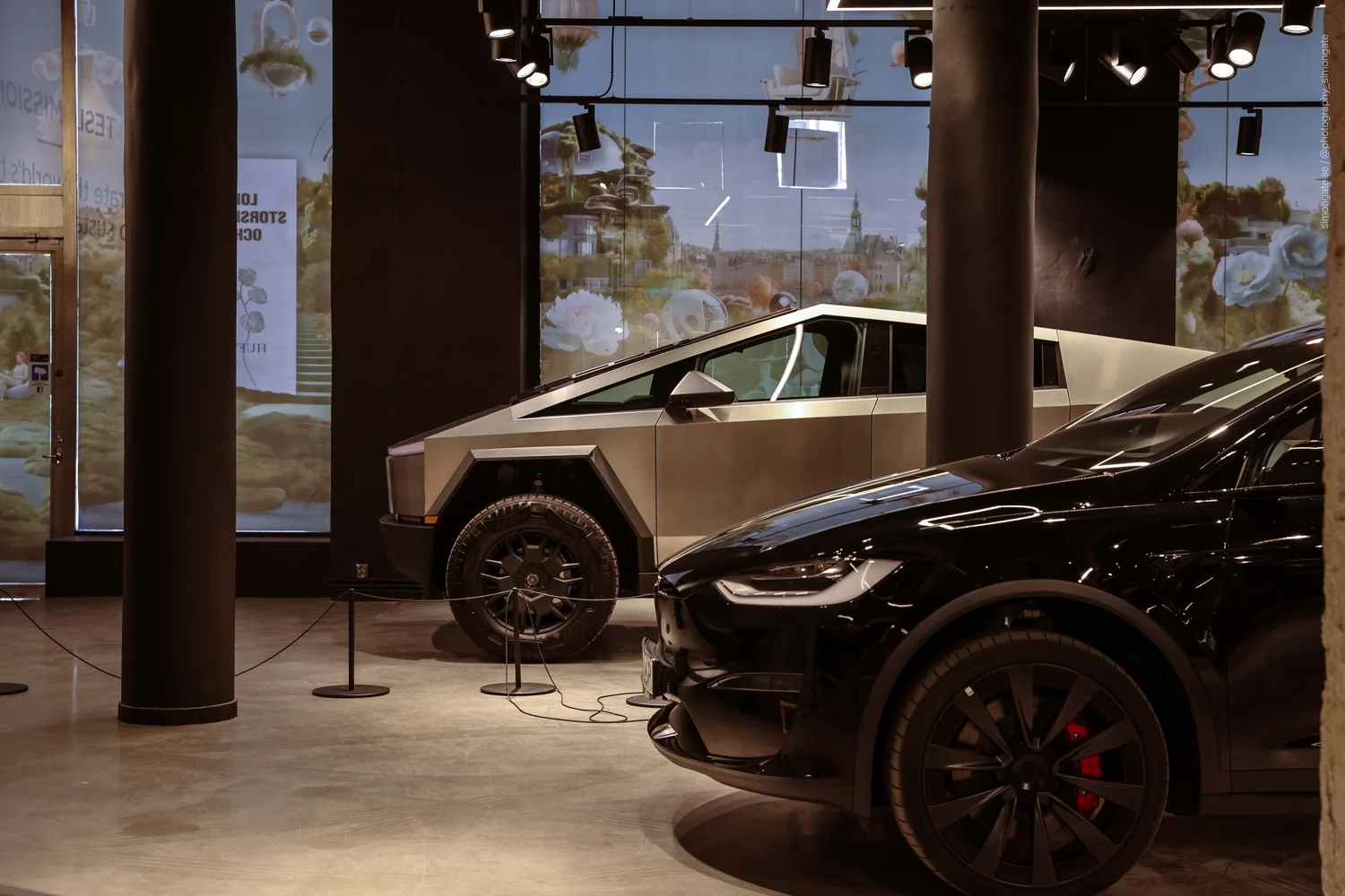 Cybertruck and Tesla Model X in the new Tesla flagship store, Stockholm