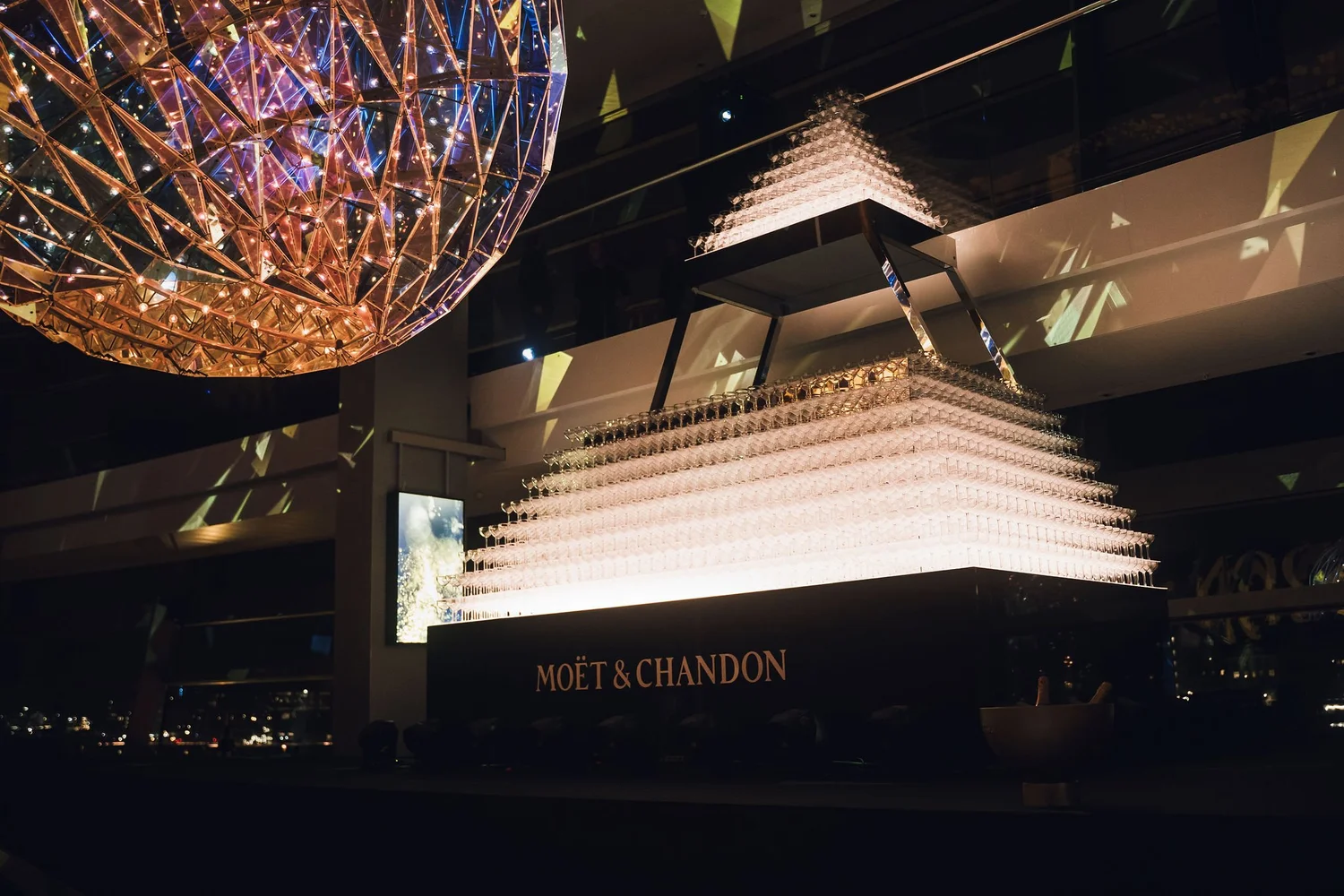DJ stage built from 3 000 champagne glasses at the Copenhagen Opera House, Moët & Chandon