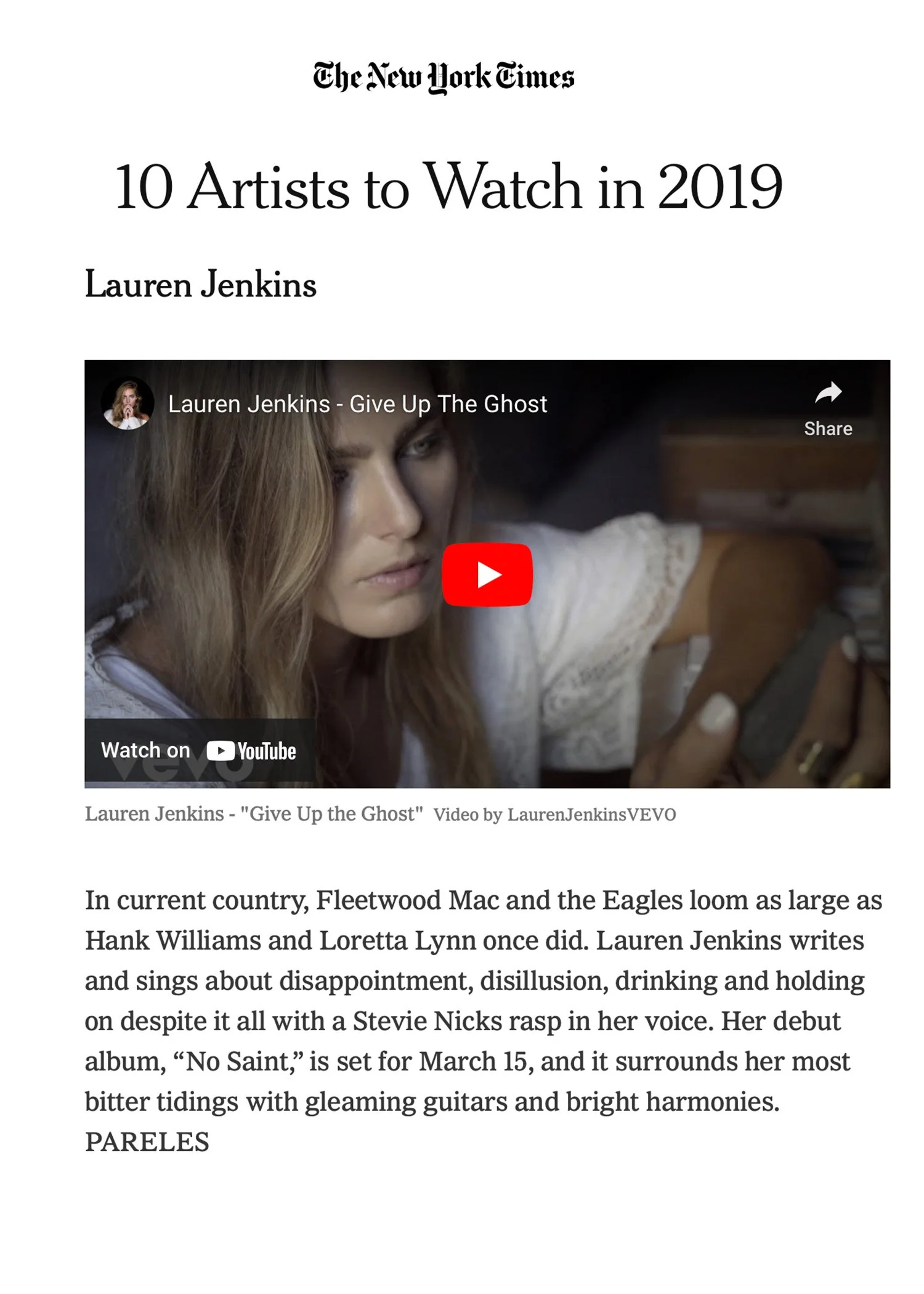 Article titled '10 Artists to Watch in 2019' from The New York Times with a video thumbnail of Lauren Jenkins .
