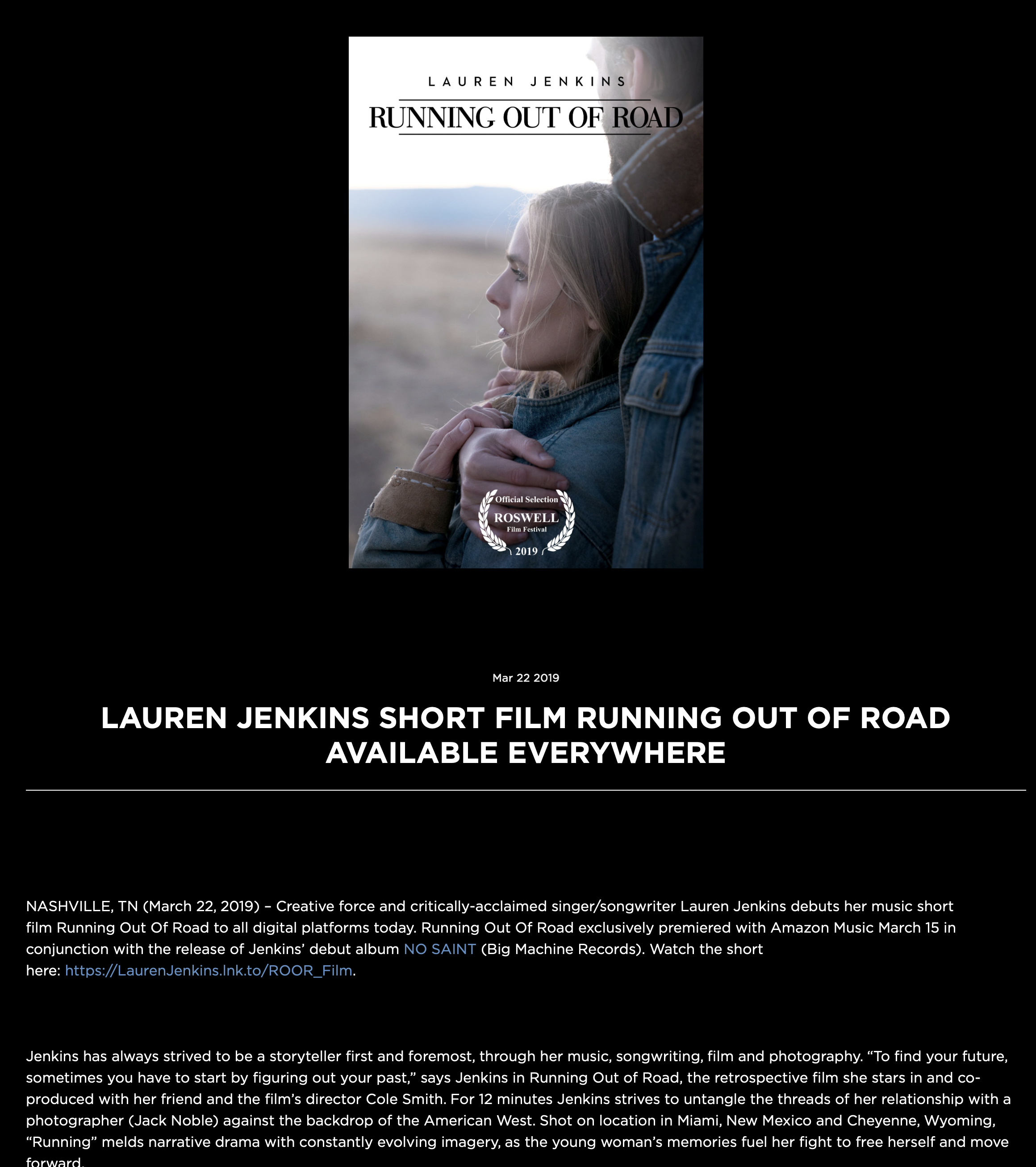 Poster for Lauren Jenkins' short film "Running Out of Road" showing a profile of a young woman and a man outdoors, with the woman looking pensive, with text indicating the film's release and awards.