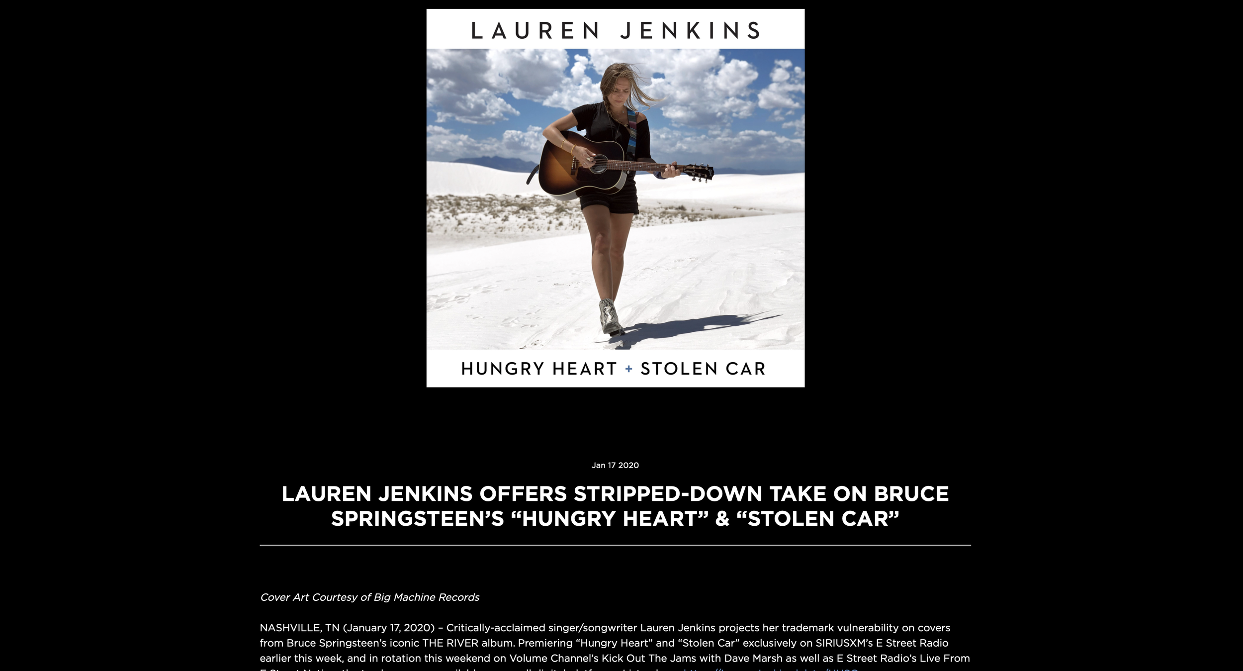 Album cover featuring a woman with wind-blown hair, wearing a black t-shirt and shorts, walking on white sand dunes while playing an acoustic guitar against a partly cloudy sky. Text includes artist name Lauren Jenkins and album titles Hungry Heart and Stolen Car.