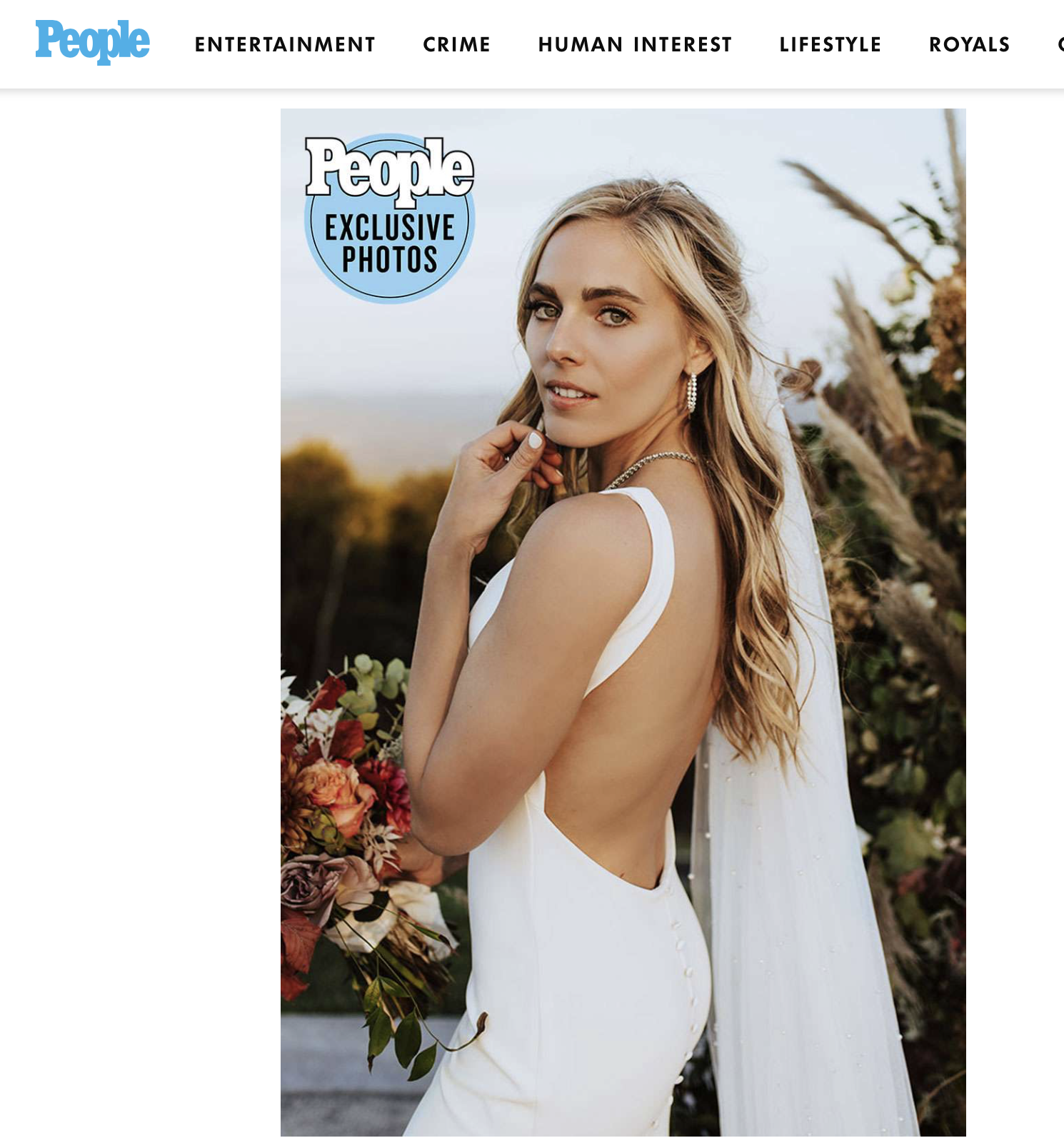 Lauren Jenkins in a backless white wedding dress holding a bouquet of flowers, outdoors during sunset, with a blurred natural background, as featured on People magazine.