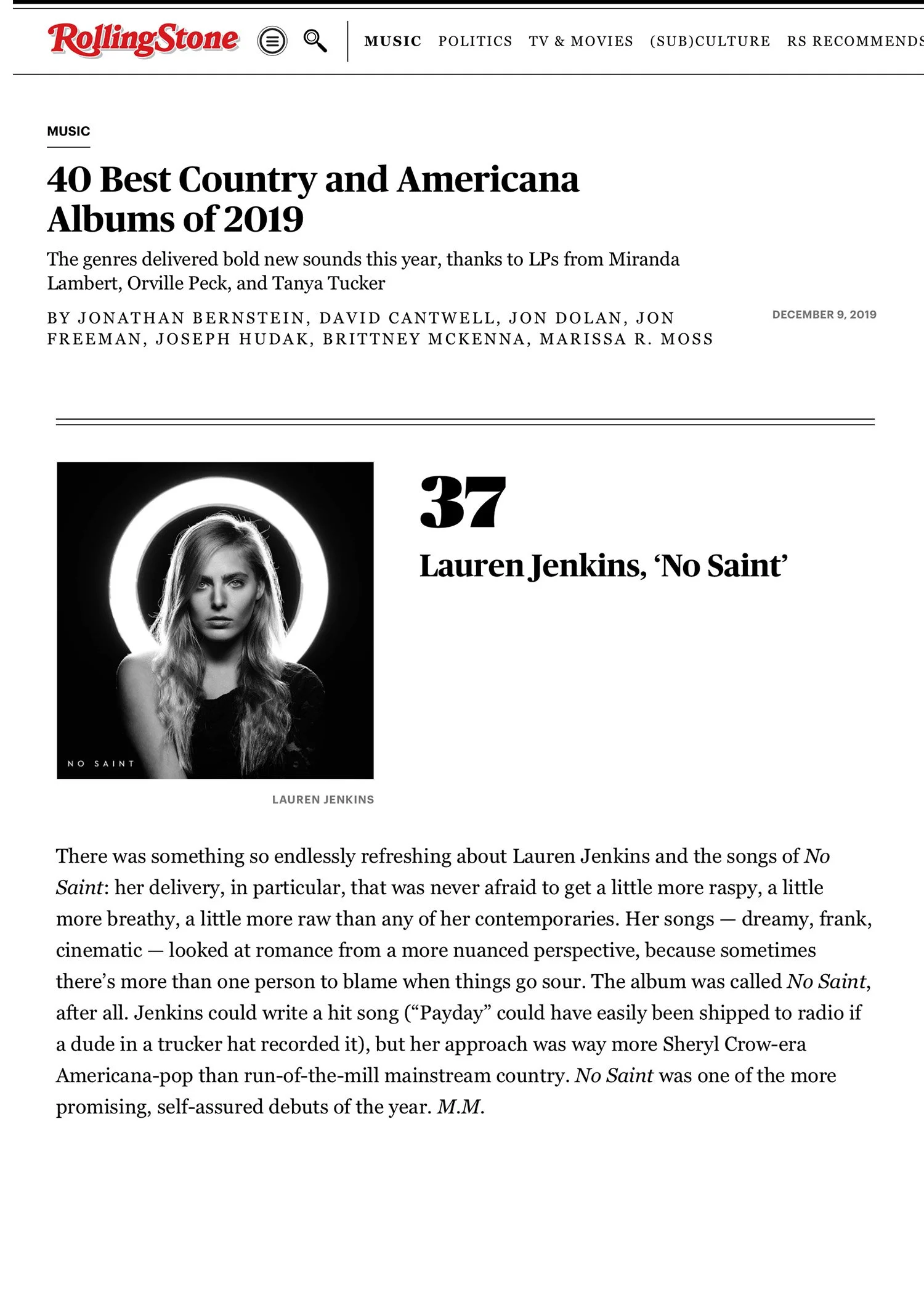 Black and white album review page from Rolling Stone featuring Lauren Jenkins' 'No Saint,' with her portrait illuminated by a halo behind her head, and a block of text about her music.