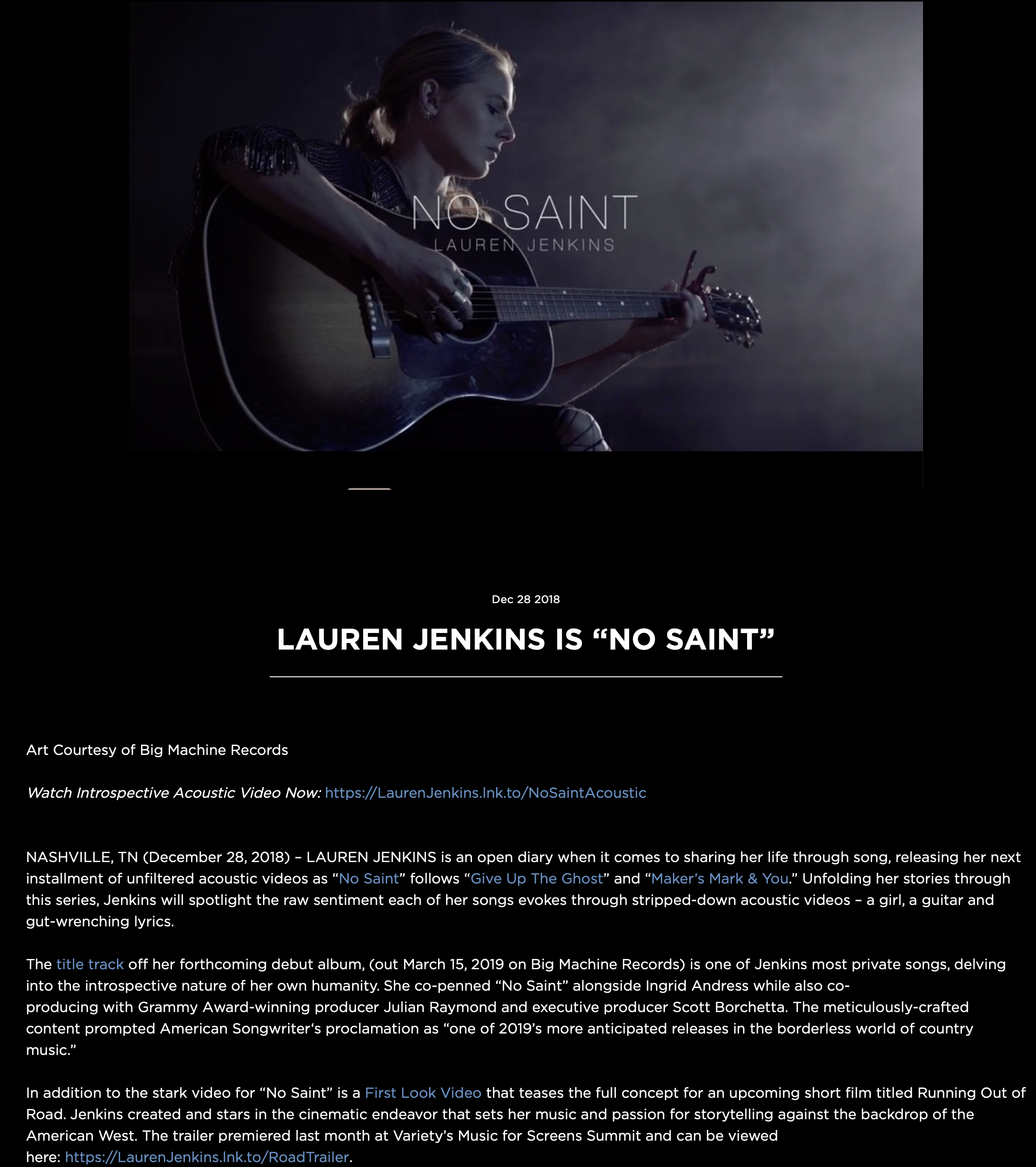 Promotional image of singer Lauren Jenkins playing an acoustic guitar, with the text 'NO SAINT' and her name overlayed. The background is dark and moody.