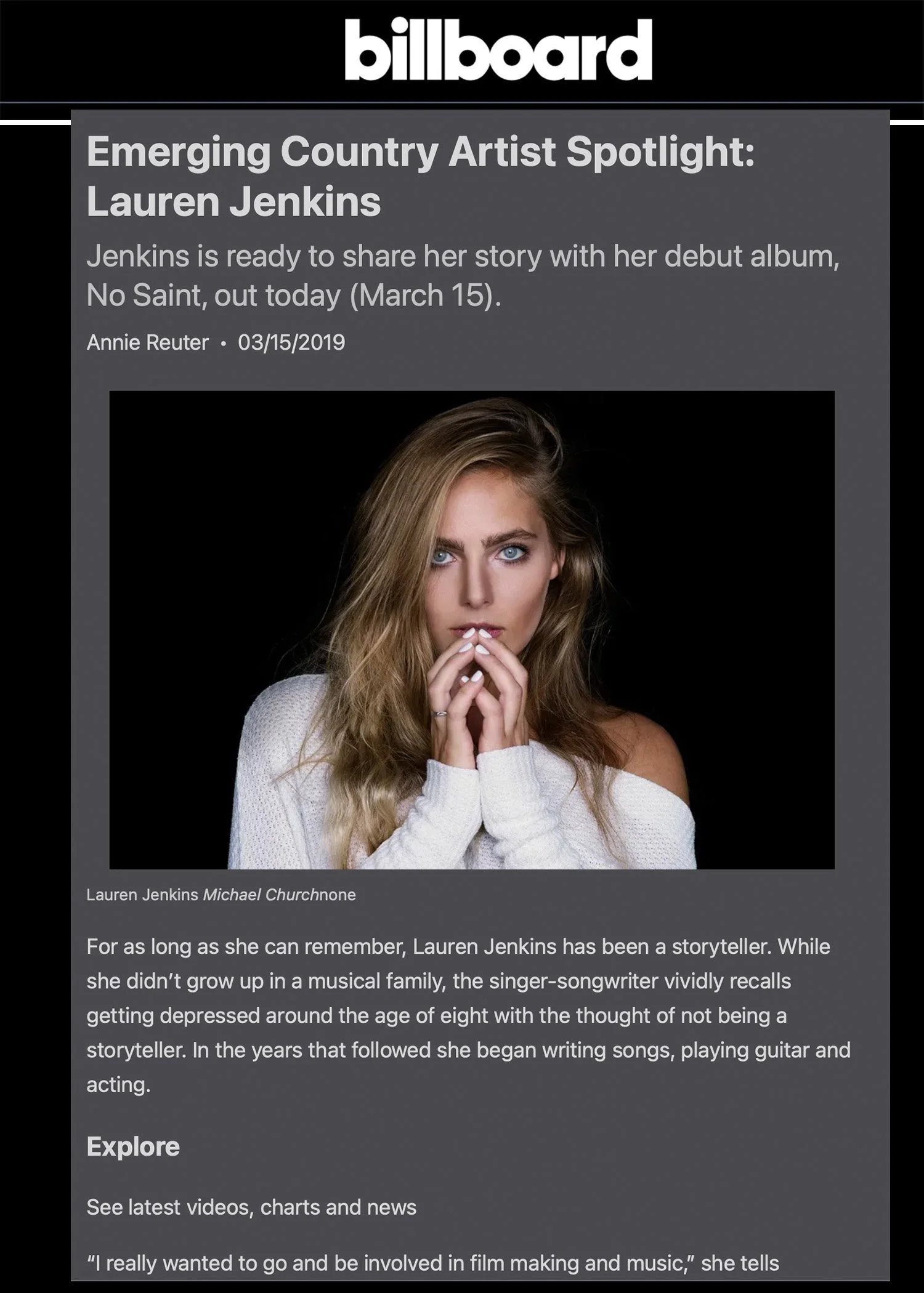 Billboard magazine webpage featuring Lauren Jenkins as emerging country artist spotlight. The page includes a photo of Lauren Jenkins, a young woman with long blonde hair and blue eyes, wearing a white off-shoulder sweater, against a black background, with text about her story, music career, and ambitions.