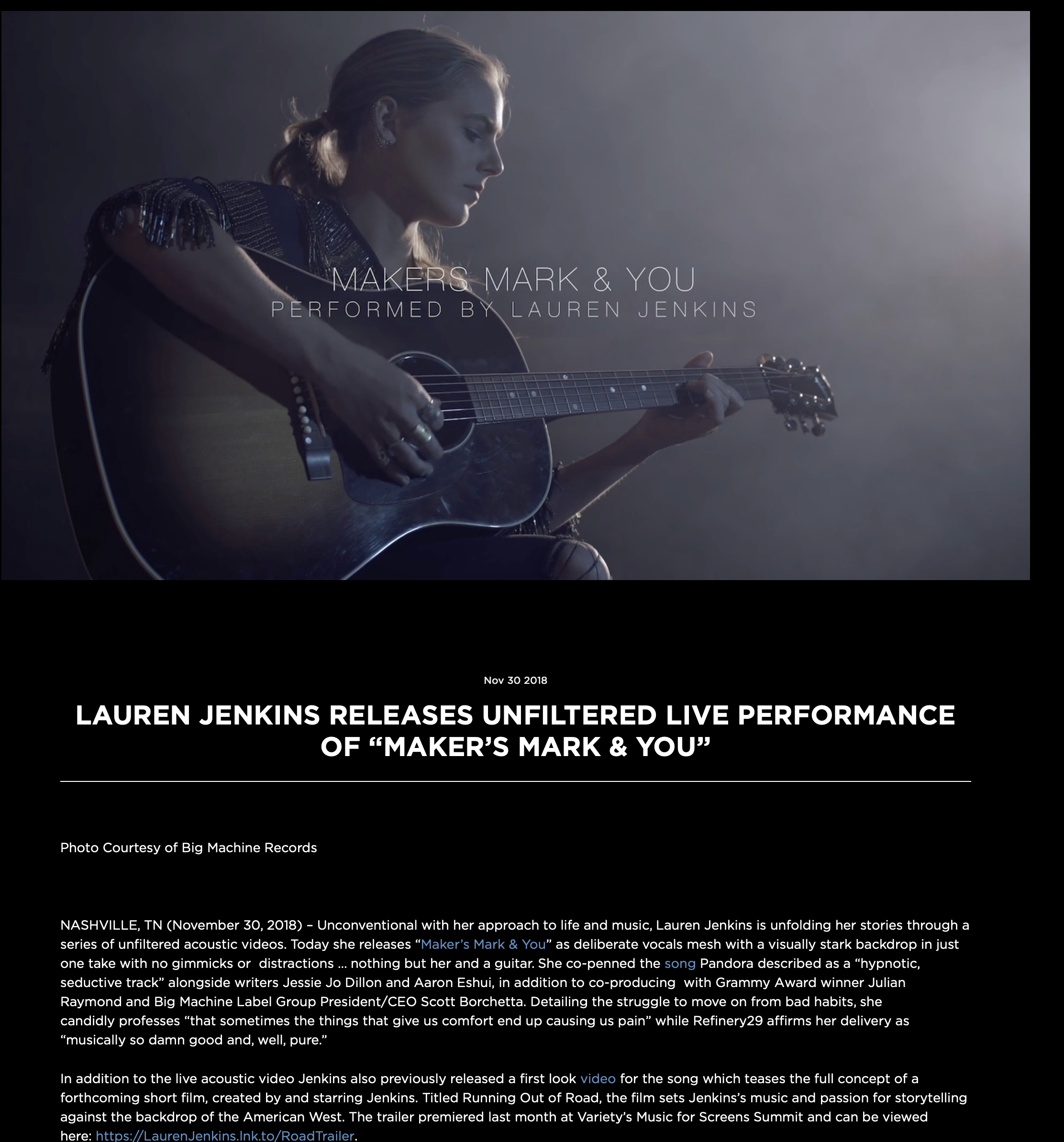A woman playing an acoustic guitar in a dark, moody setting with text overlaying that says 'MAKERS MARK & YOU PERFORMED BY LAUREN JENKINS.'