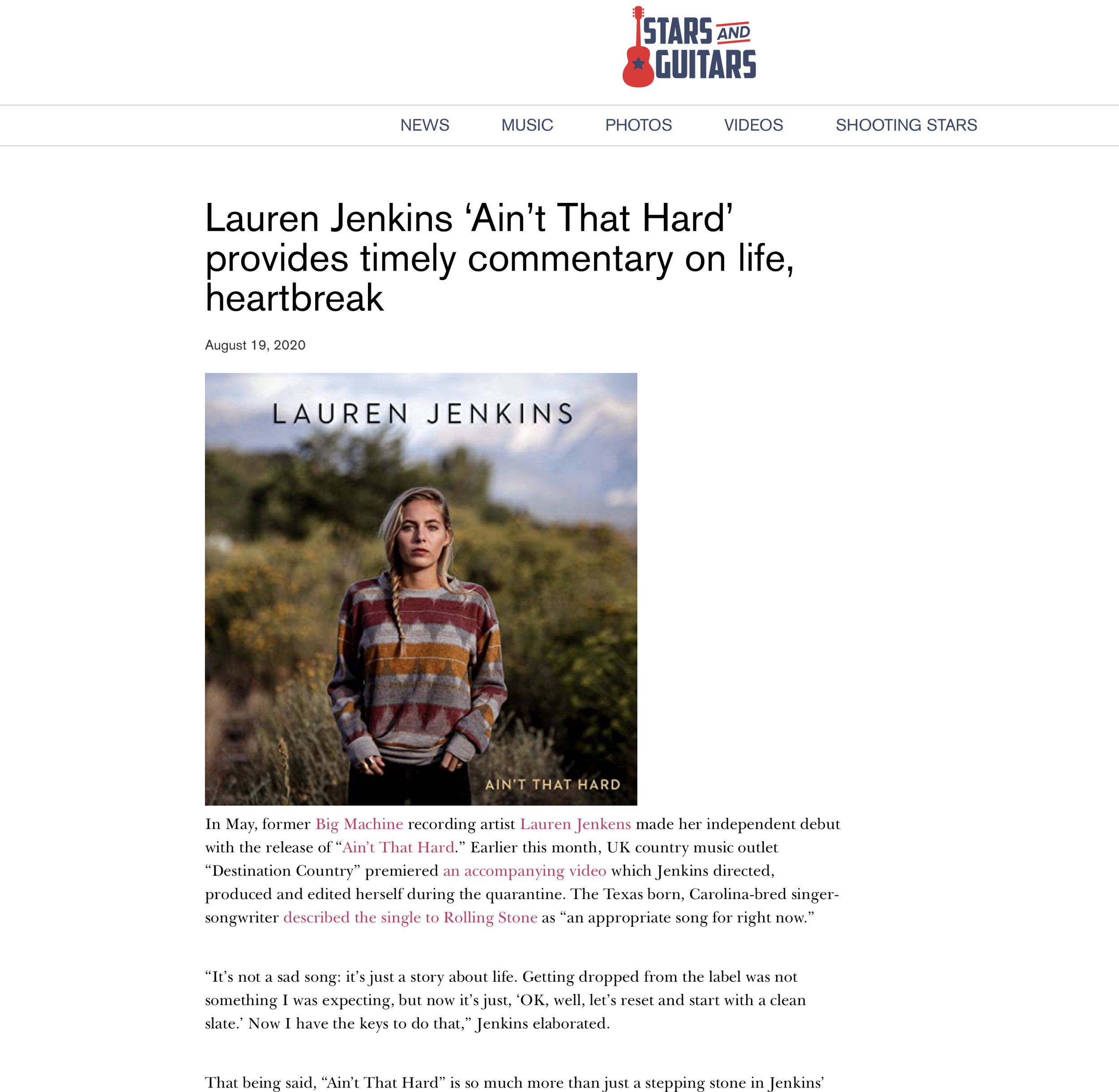 Screenshot of a news article about Lauren Jenkins' song 'Ain't That Hard' with a photo of her standing outdoors in a sweater, trees, and mountains in the background.