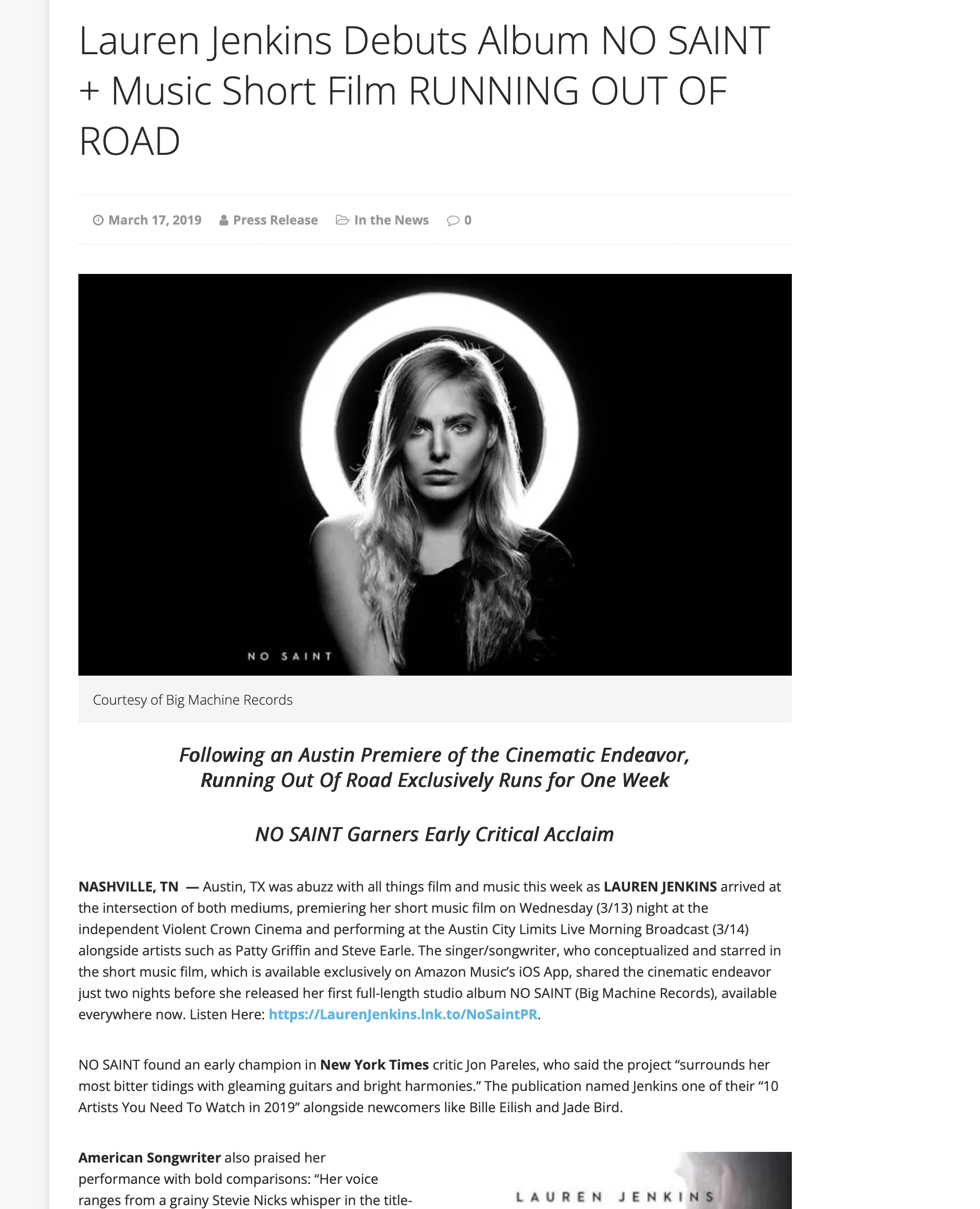 Black and white promotional image of Lauren Jenkins with a halo-like ring of light behind her head, promoting her debut album NO SAINT and short film RUNNING OUT OF ROAD