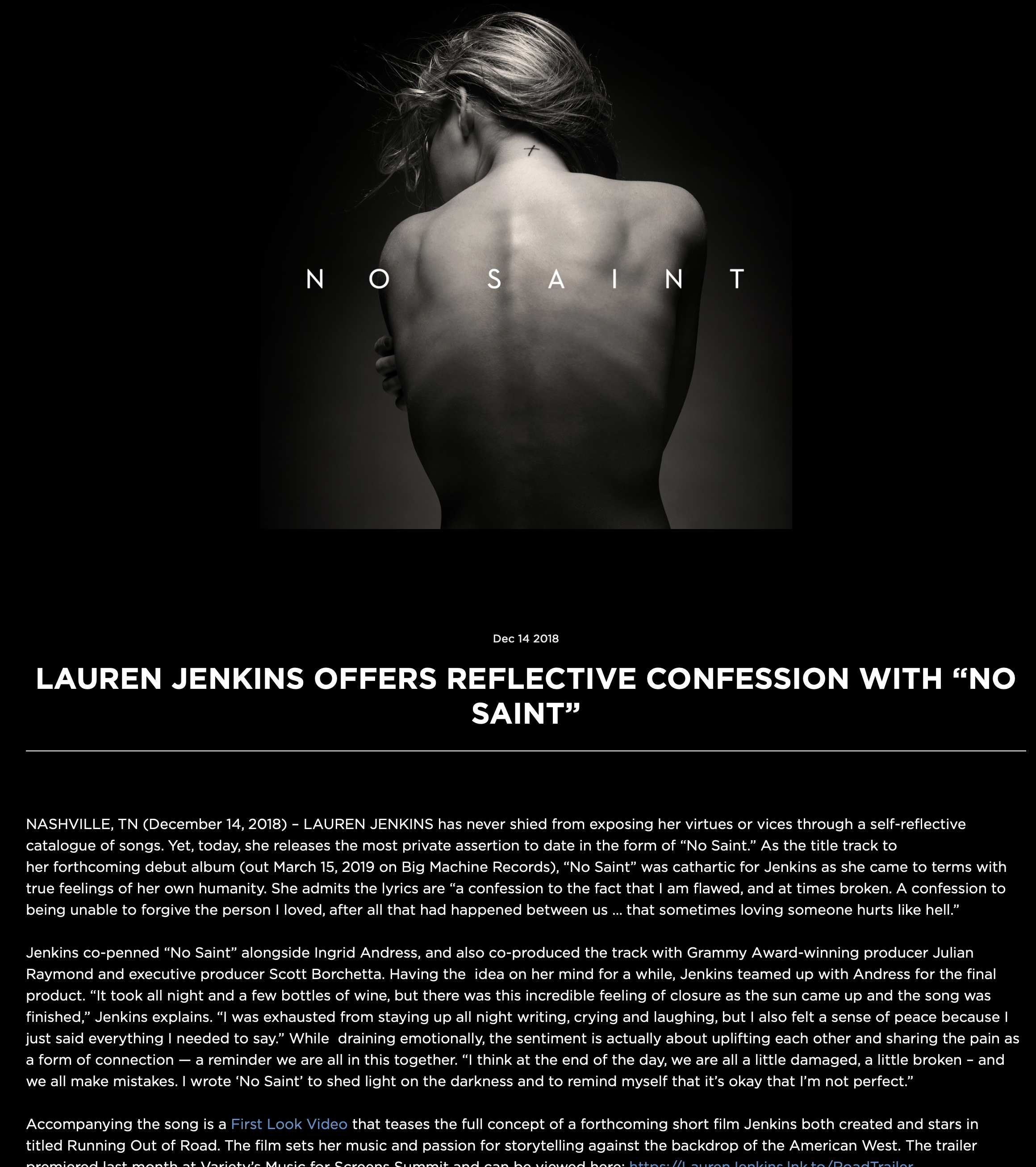 Black and white image of a woman with back turned, eyes closed, hair disheveled, with the title 'No Saint' overlaid. The article discusses Lauren Jenkins' reflective confession in her song "No Saint."