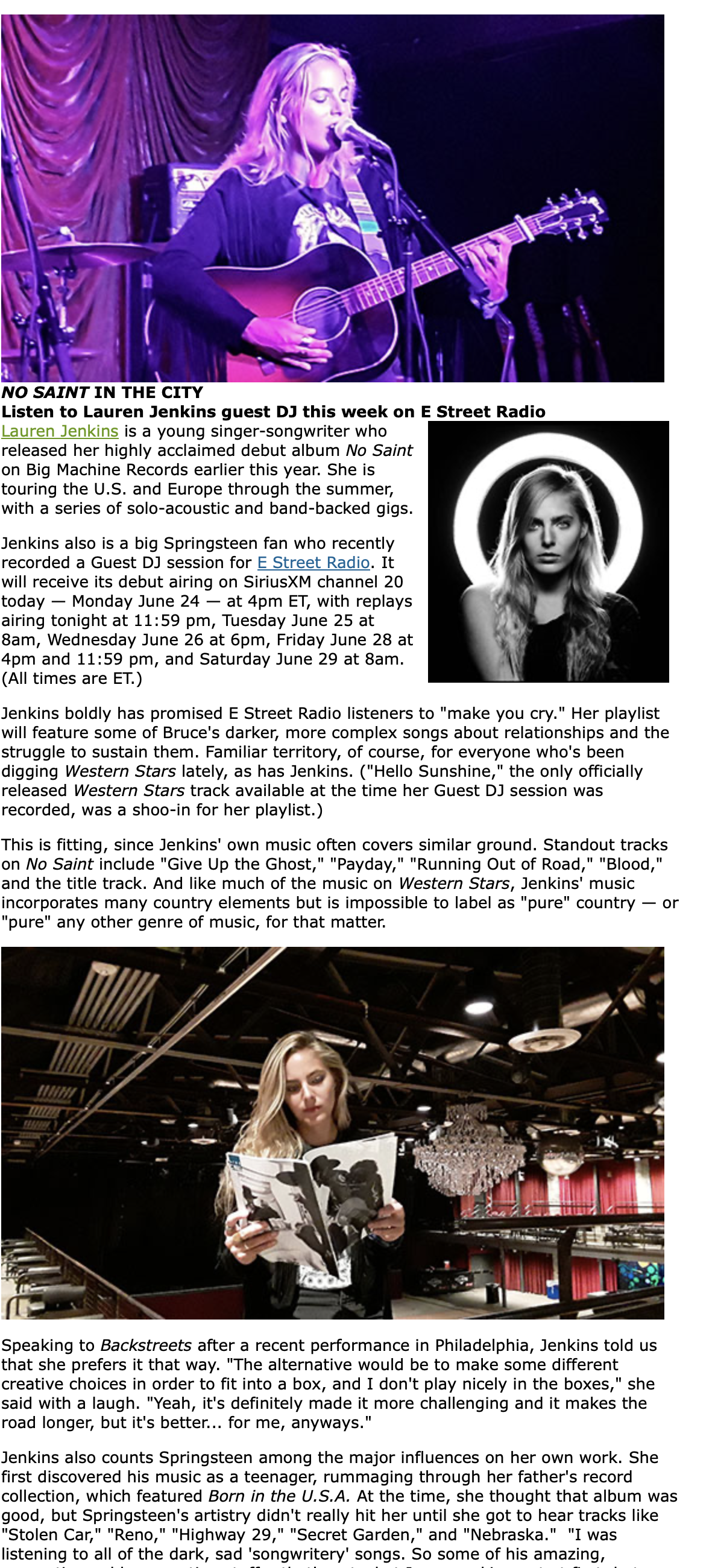 A woman with blonde hair playing an acoustic guitar and singing into a microphone on stage; another woman with blonde hair reading a magazine in a venue with a chandeliers and stage lighting. Lauren Jenkins