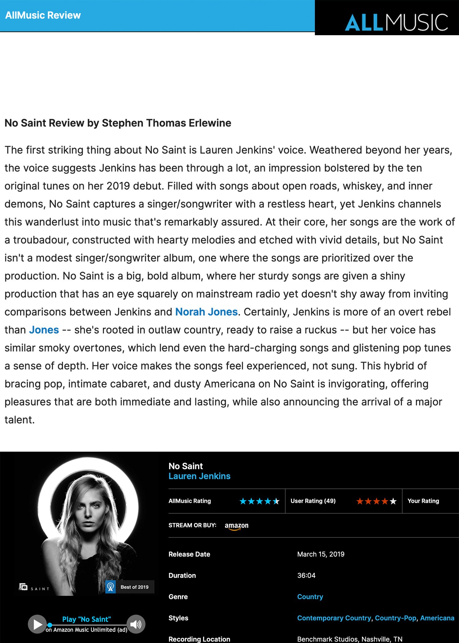 Music review page for Lauren Jenkins' album 'No Saint', featuring a black and white photo of Jenkins, along with album details including release date, genre, duration, and streaming options.