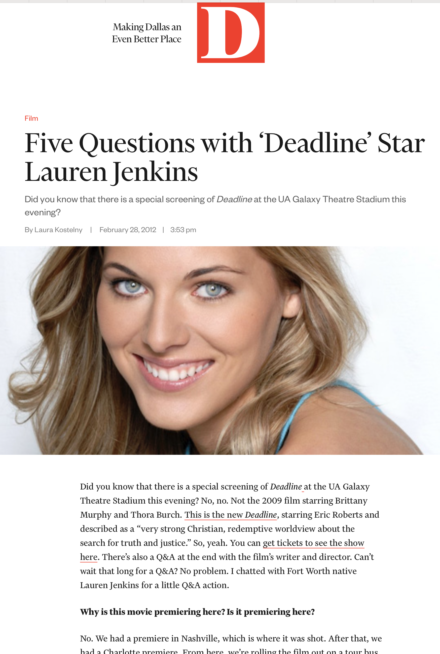 A magazine article featuring a close-up photograph of actress Lauren Jenkins with blonde hair and blue eyes, smiling. The article title is 'Five Questions with ‘Deadline’ Star Lauren Jenkins' and mentions a special screening of the film 'Deadline' at the UA Galaxy Theatre Stadium.
