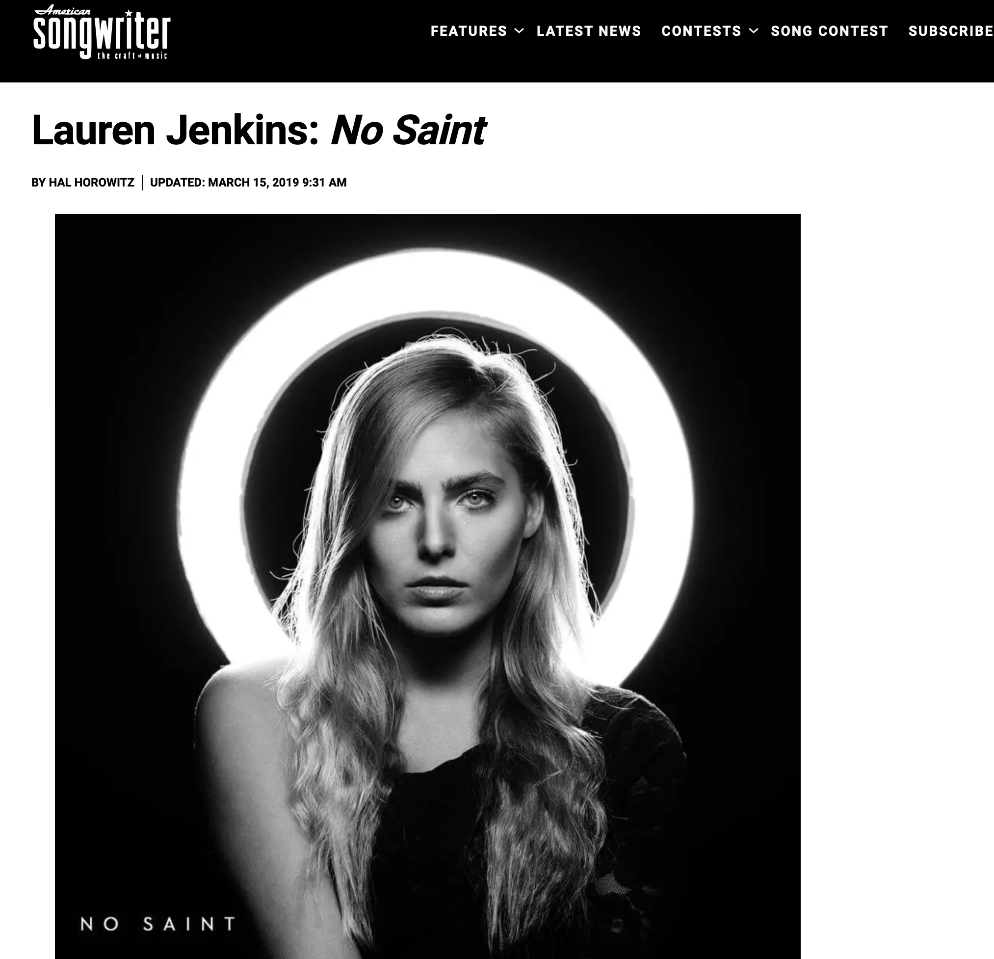 Black and white portrait of a woman with long wavy hair, standing in front of a glowing circular light, with serious expression, promoting Lauren Jenkins' song 'No Saint.'