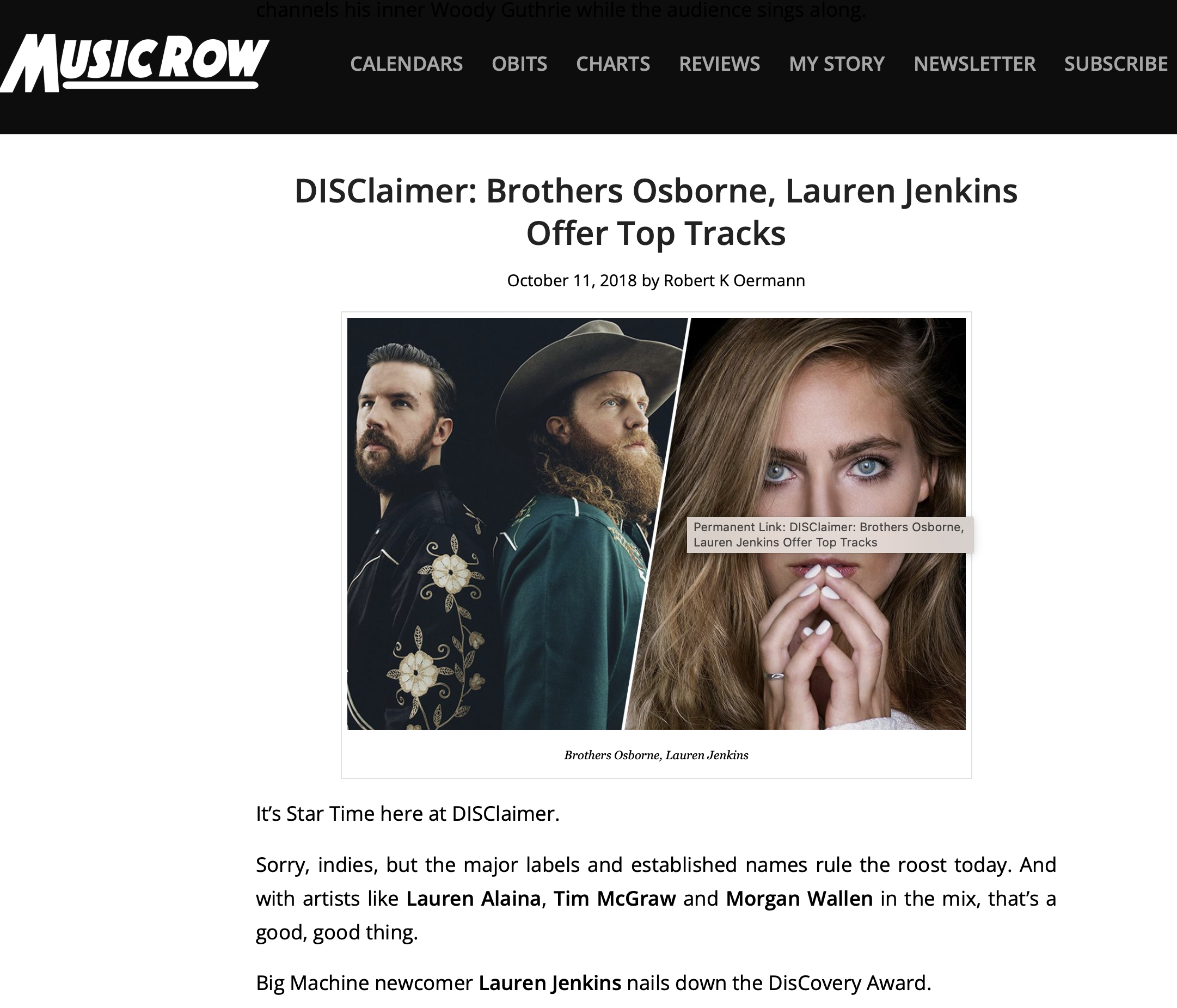 Article webpage displaying a photo of the musical duo Brothers Osborne and singer Lauren Jenkins, with the headline about their top tracks offer and a disclaimer about the article.