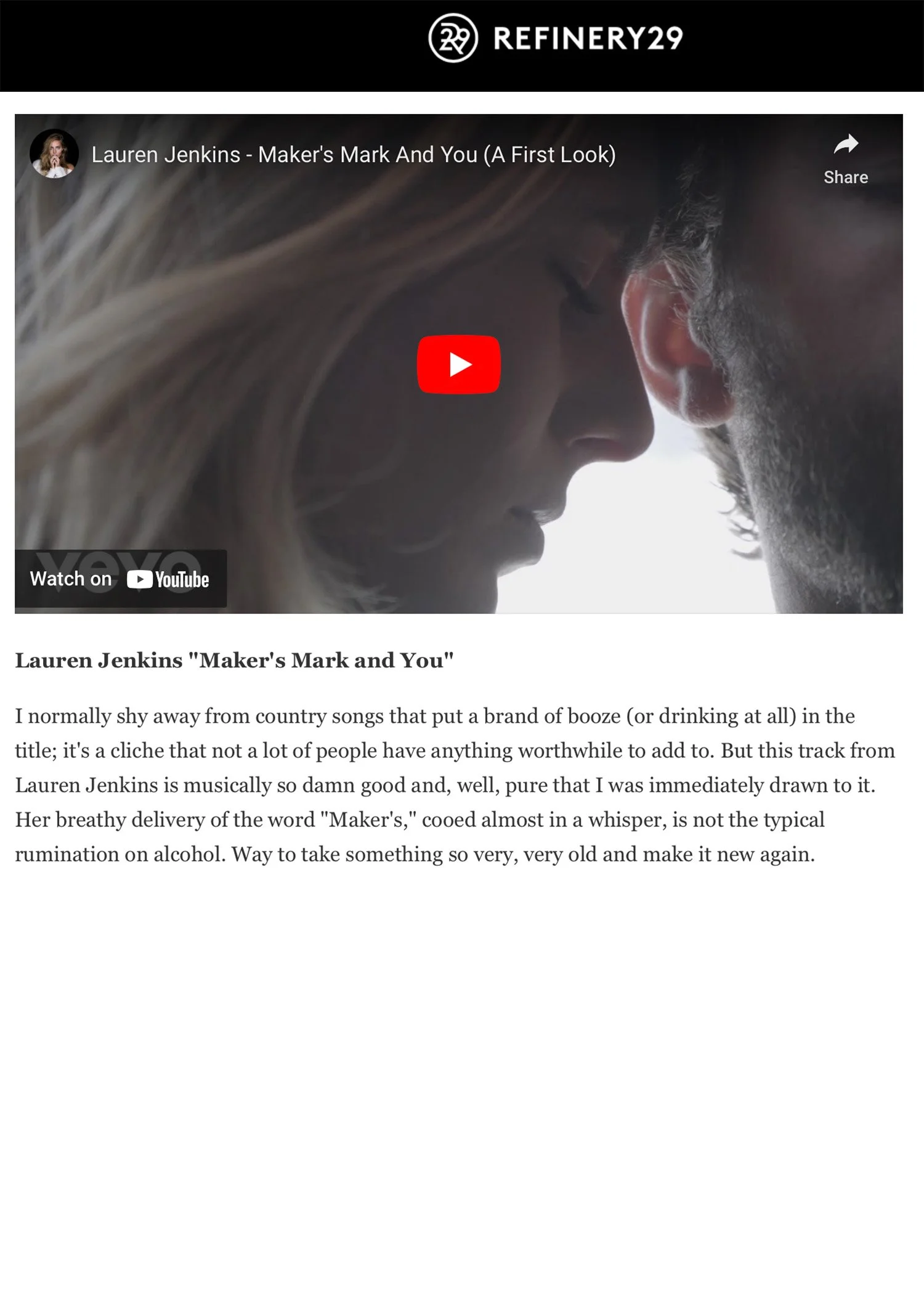 Screenshot of a webpage featuring a music video for Lauren Jenkins' song "Maker's Mark and You" with a close-up, backlit image of a woman and a man face to face, almost touching foreheads, on the Refinery29 website.