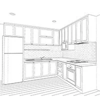 Black and white line drawing of a modern kitchen layout, featuring cabinets, a refrigerator, stove, sink, and countertops.