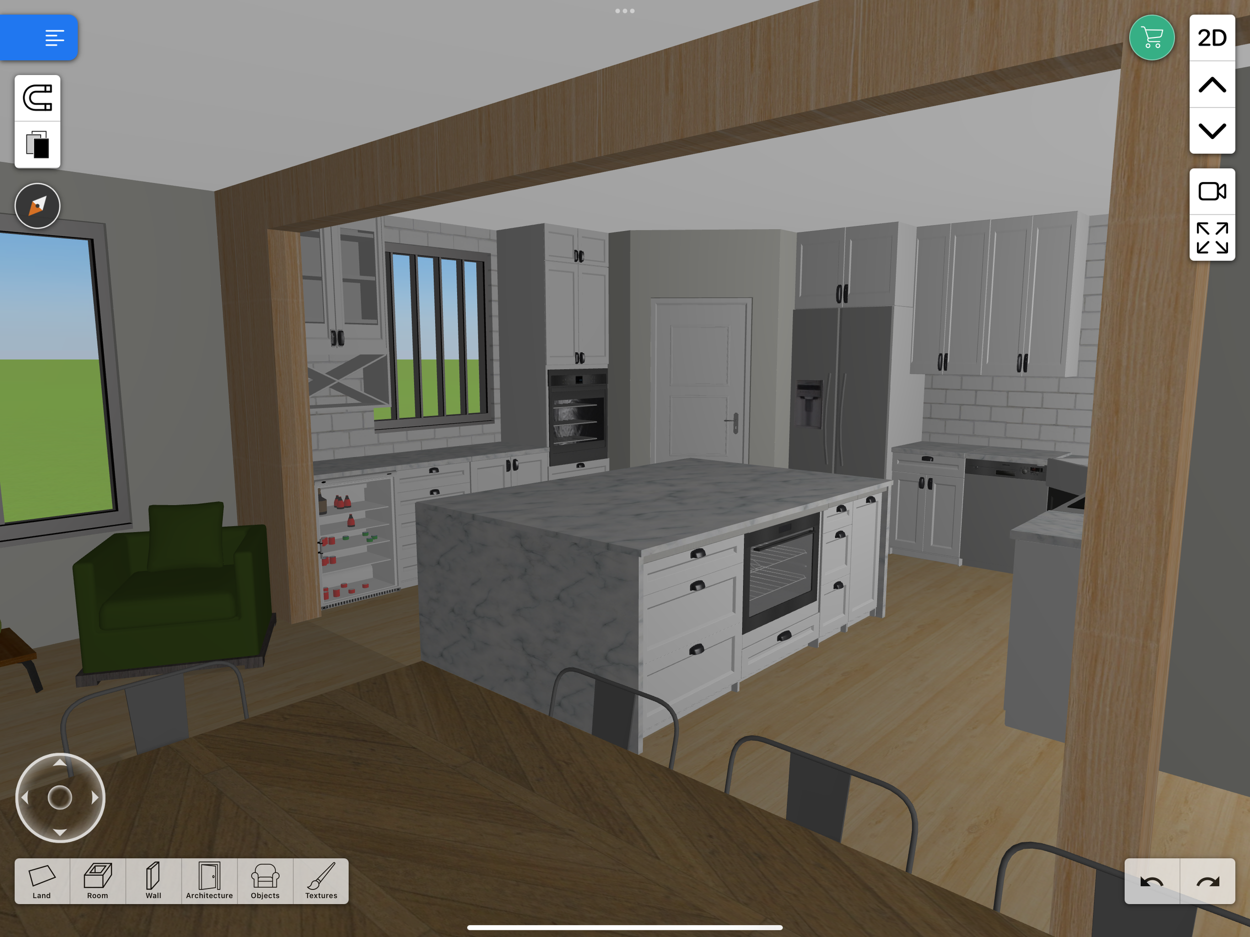 Modern kitchen design with white cabinetry, marble island, stainless steel appliances, and wooden accents. Features include a green armchair, large window, and herringbone floor.