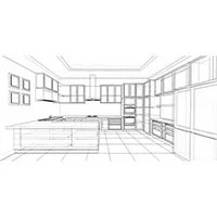 Sketch of a modern kitchen design with cabinets, island, and appliances.