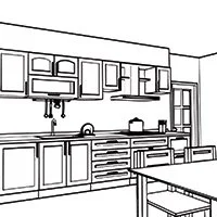 Line drawing of a modern kitchen with cabinets, a stove, sink, and dining table.