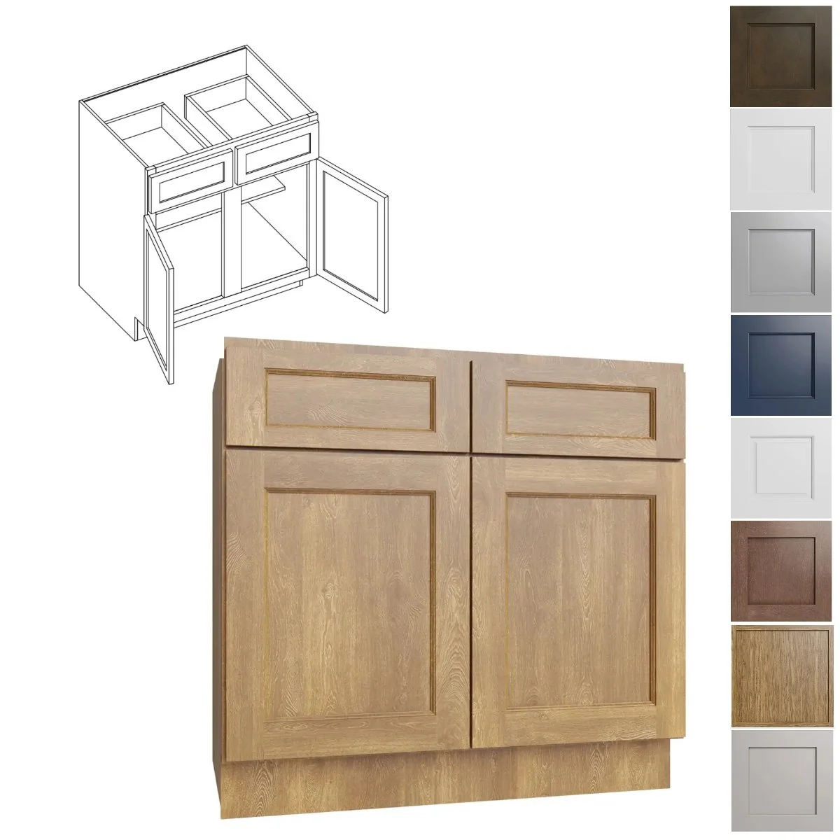 42W-34.5H-24D Double Door with Top Drawers And Center Stile Base (B42)